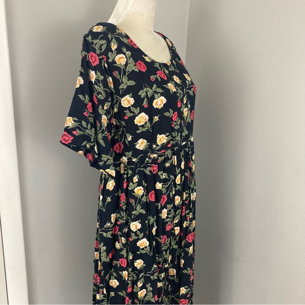 Vintage Black Floral Midi Dress with Red and Yellow Roses